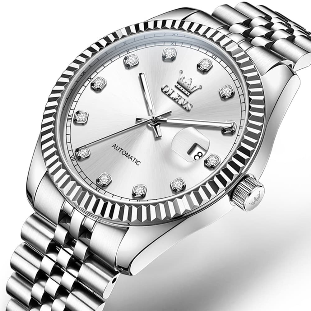 OLEVS 6743 Fluted Bezel Diamond Mechanical Watch for Men - Silver White Watch | Olevs Watch Store