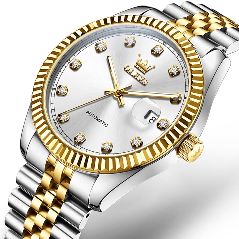 OLEVS 6743 Fluted Bezel Diamond Mechanical Watch for Men - Two Tone White Watch | Olevs Watch Store