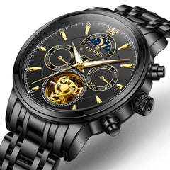 OLEVS 6746 Multi-Function Skeleton Mechanical Watch for Men - All Black Watch | Olevs Watch Store