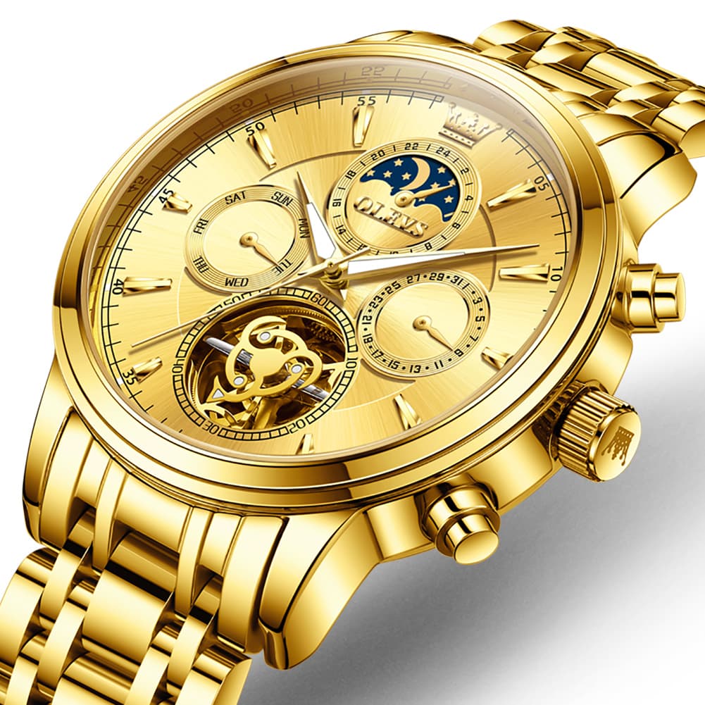 OLEVS 6746 Multi-Function Skeleton Mechanical Watch for Men - All Gold Watch | Olevs Watch Store