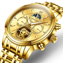 OLEVS 6746 Multi-Function Skeleton Mechanical Watch for Men - All Gold Watch | Olevs Watch Store