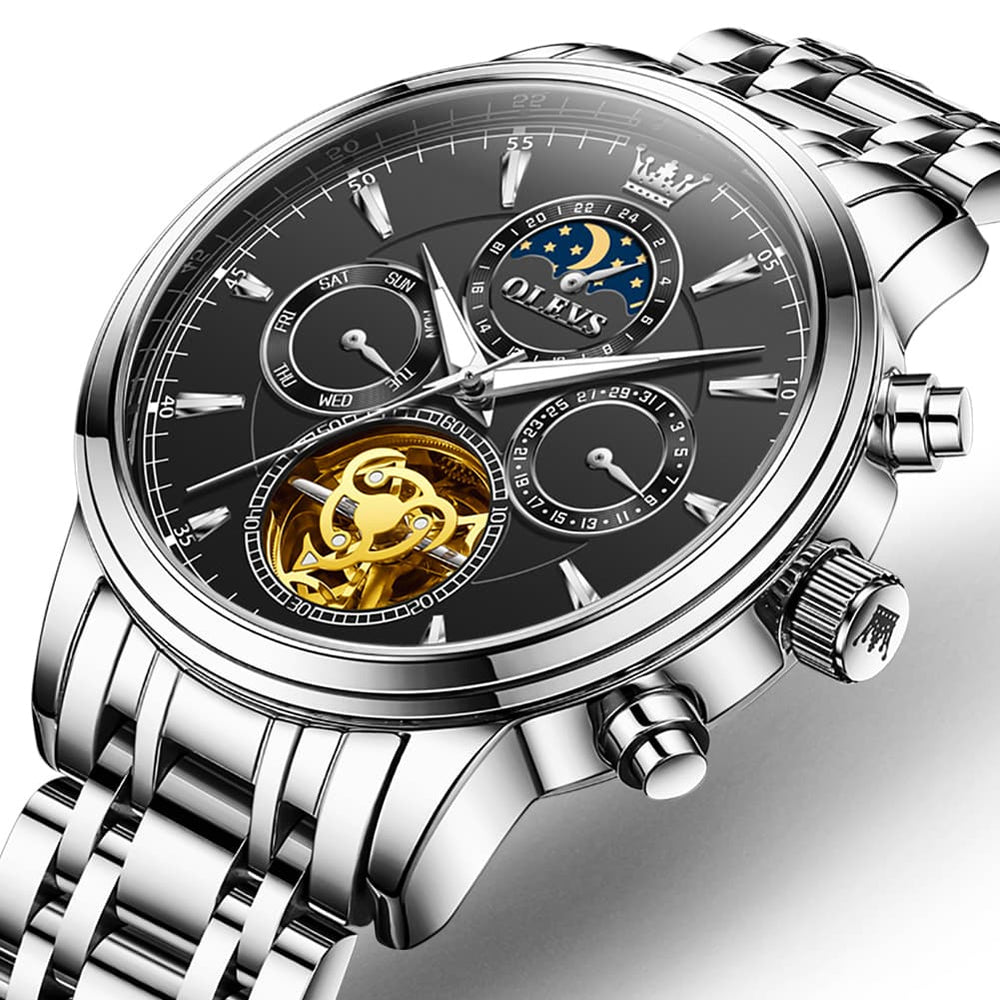 OLEVS 6746 Multi-Function Skeleton Mechanical Watch for Men - Silver Black Watch | Olevs Watch Store