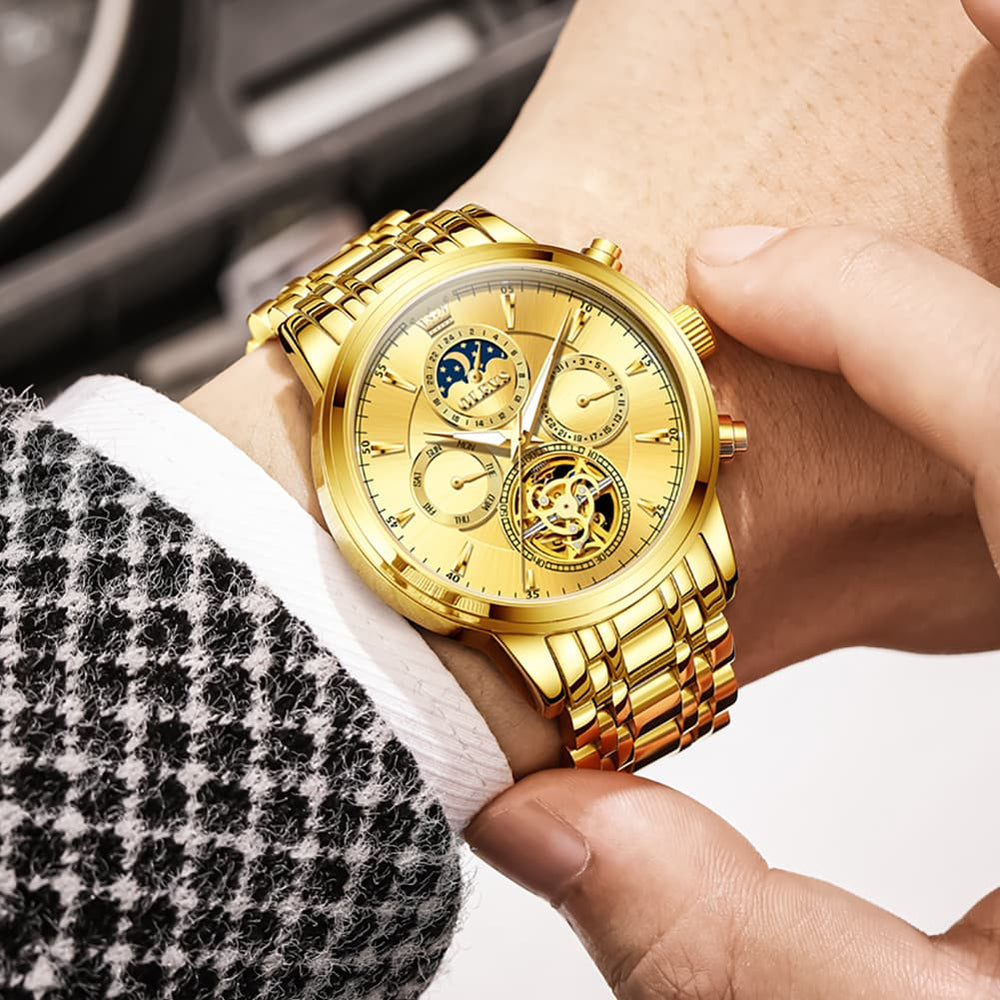 OLEVS 6746 Multi-Function Skeleton Mechanical Watch for Men - Silver White Watch | Olevs Watch Store