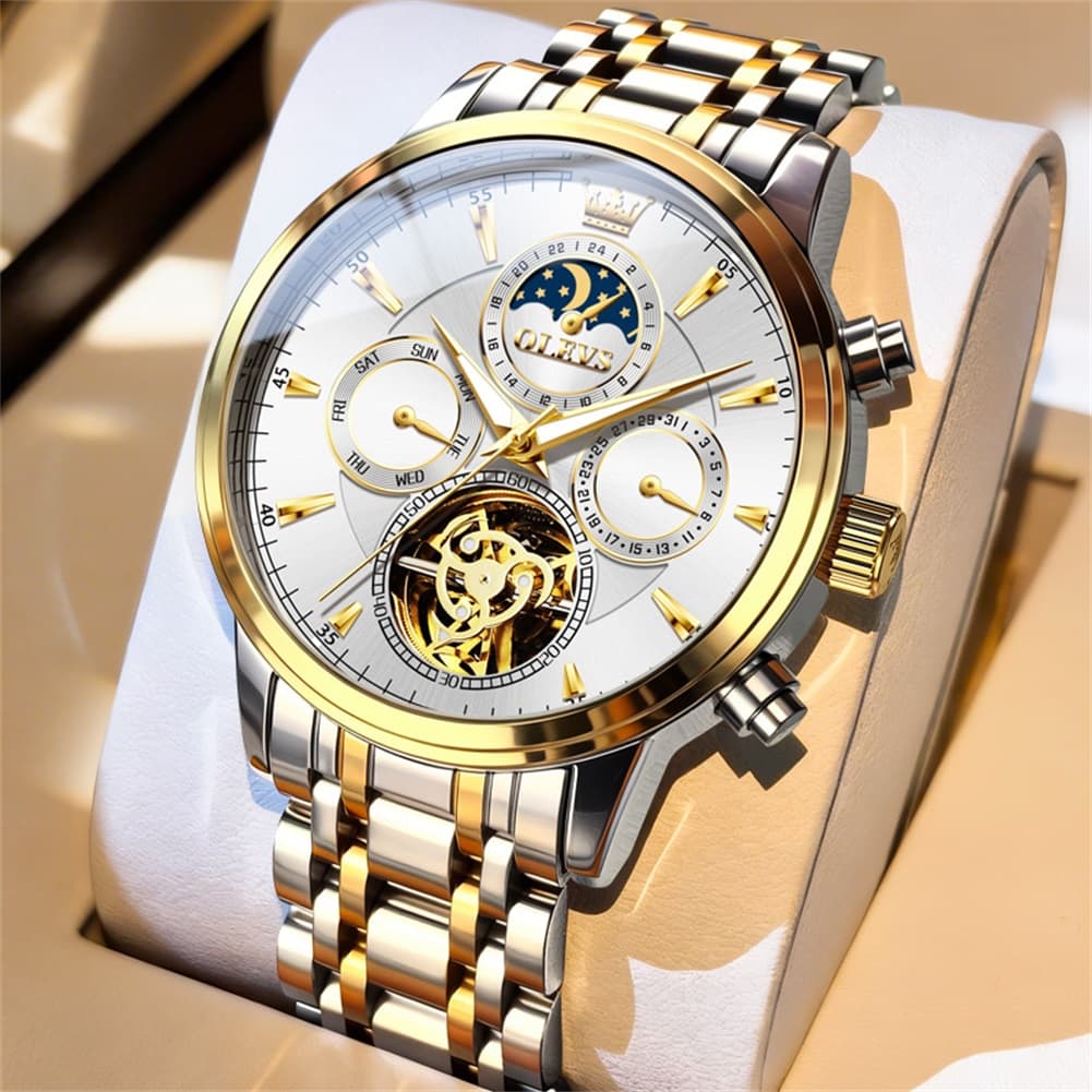 OLEVS 6746 Multi-Function Skeleton Mechanical Watch for Men - Silver White Watch | Olevs Watch Store