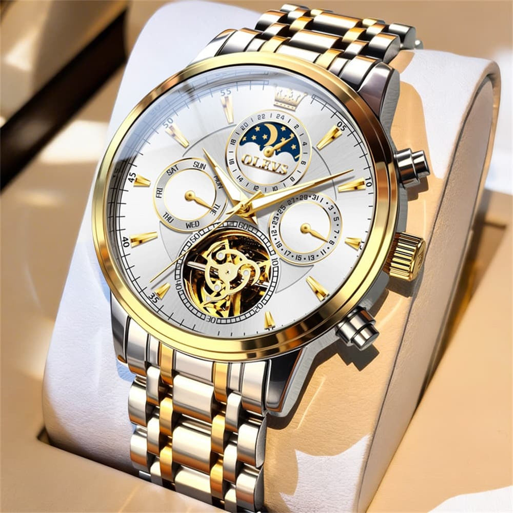 OLEVS 6746 Multi-Function Skeleton Mechanical Watch for Men - Silver White Watch | Olevs Watch Store