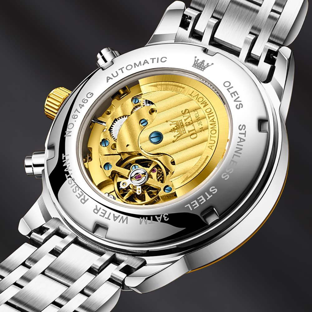 OLEVS 6746 Multi-Function Skeleton Mechanical Watch for Men - Silver White Watch | Olevs Watch Store