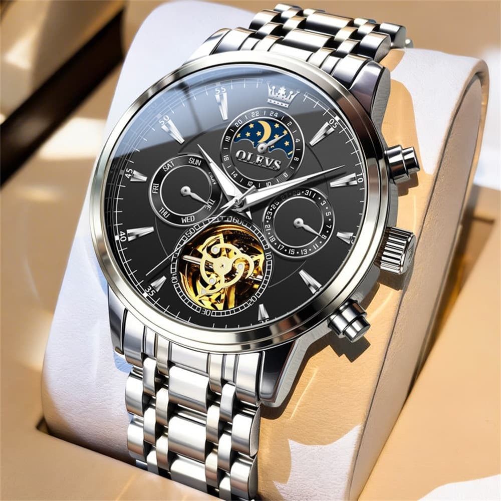 OLEVS 6746 Multi-Function Skeleton Mechanical Watch for Men - Silver White Watch | Olevs Watch Store