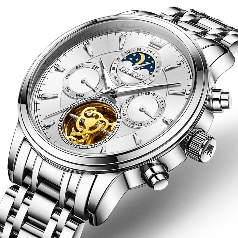 OLEVS 6746 Multi-Function Skeleton Mechanical Watch for Men - Silver White Watch | Olevs Watch Store