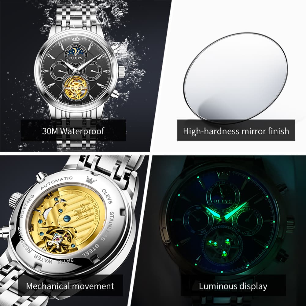 OLEVS 6746 Multi-Function Skeleton Mechanical Watch for Men - Silver White Watch | Olevs Watch Store