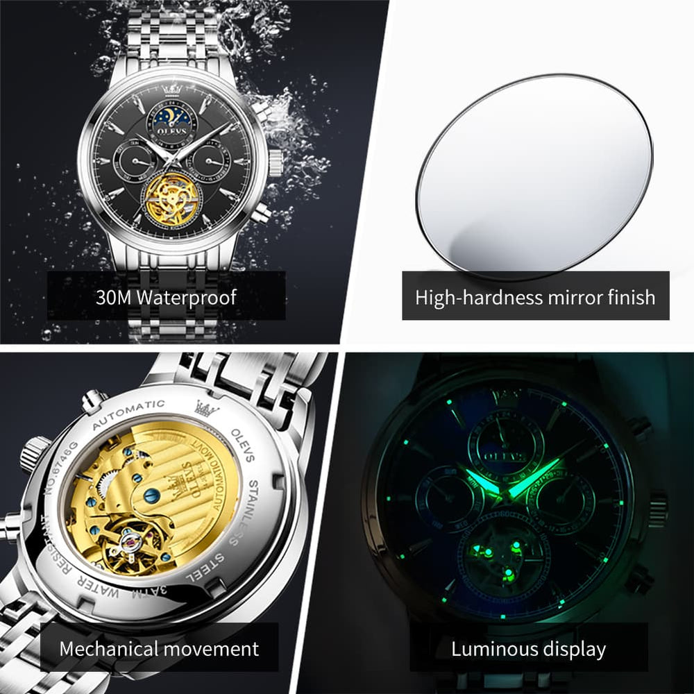 OLEVS 6746 Multi-Function Skeleton Mechanical Watch for Men - Silver White Watch | Olevs Watch Store