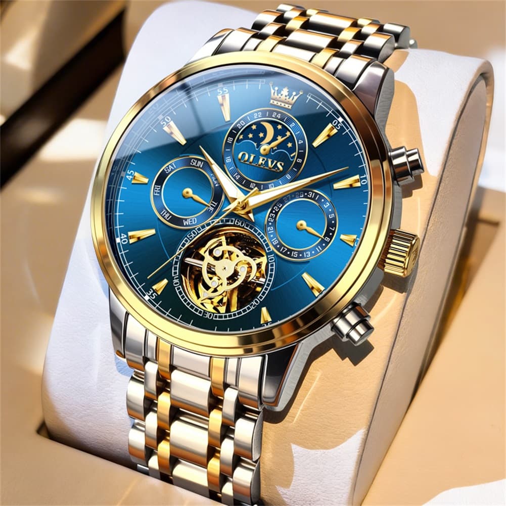 OLEVS 6746 Multi-Function Skeleton Mechanical Watch for Men - Silver White Watch | Olevs Watch Store