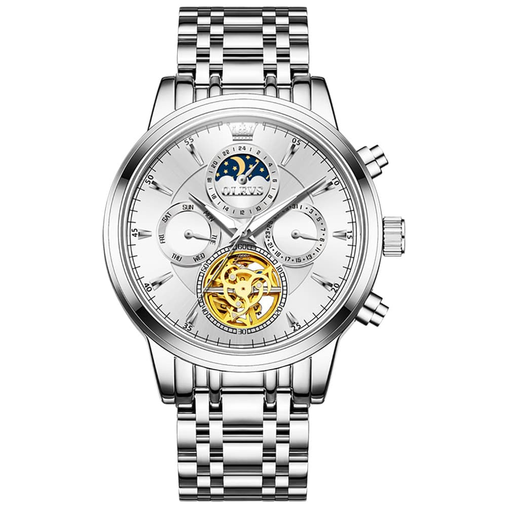 OLEVS 6746 Multi-Function Skeleton Mechanical Watch for Men - Silver White Watch | Olevs Watch Store