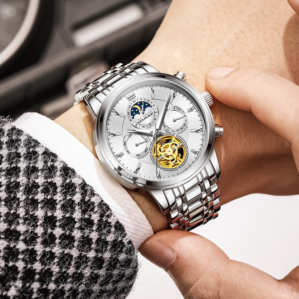 OLEVS 6746 Multi-Function Skeleton Mechanical Watch for Men - Silver White Watch | Olevs Watch Store