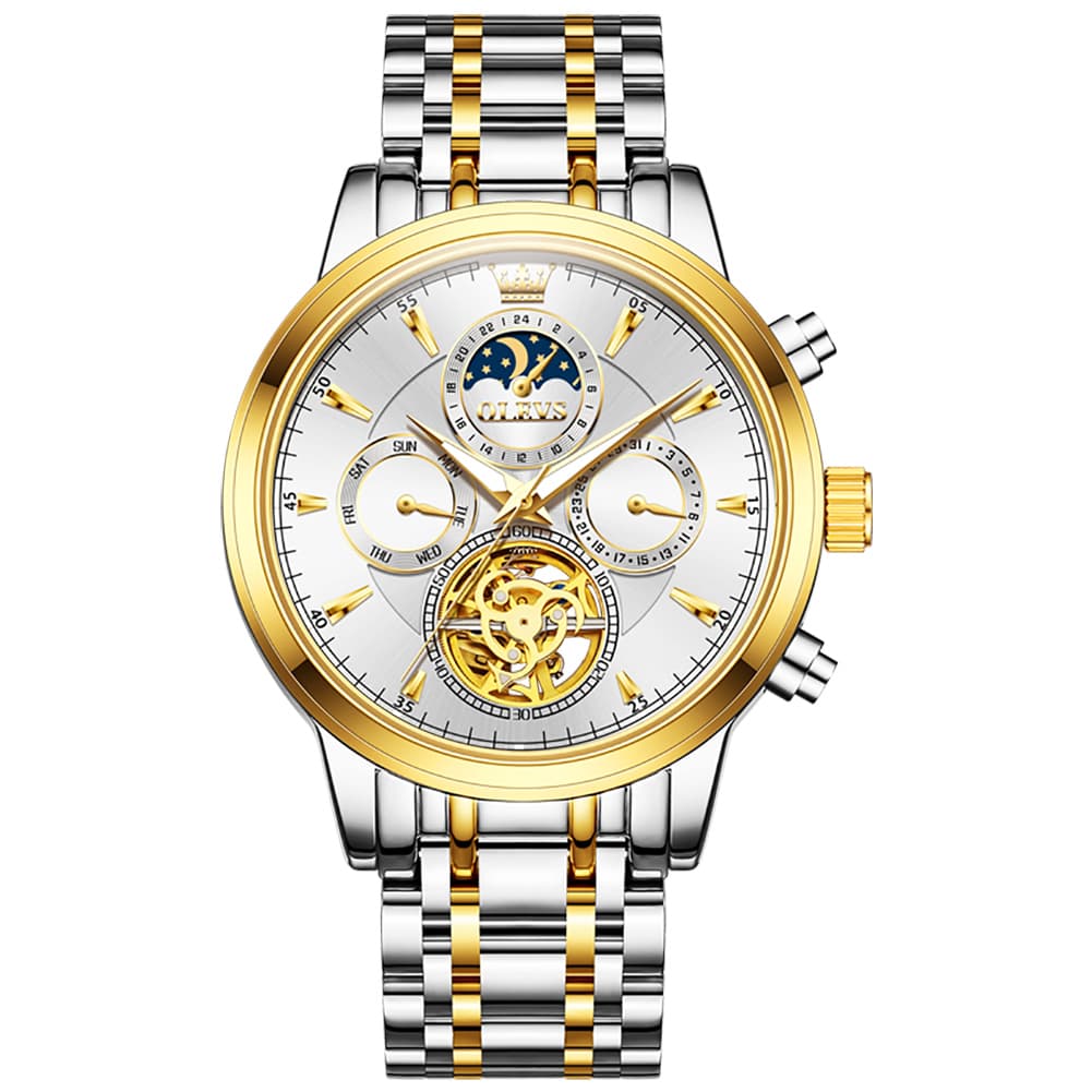 OLEVS 6746 Multi-Function Skeleton Mechanical Watch for Men - Silver White Watch | Olevs Watch Store