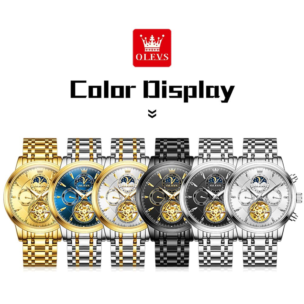 OLEVS 6746 Multi-Function Skeleton Mechanical Watch for Men - Silver White Watch | Olevs Watch Store