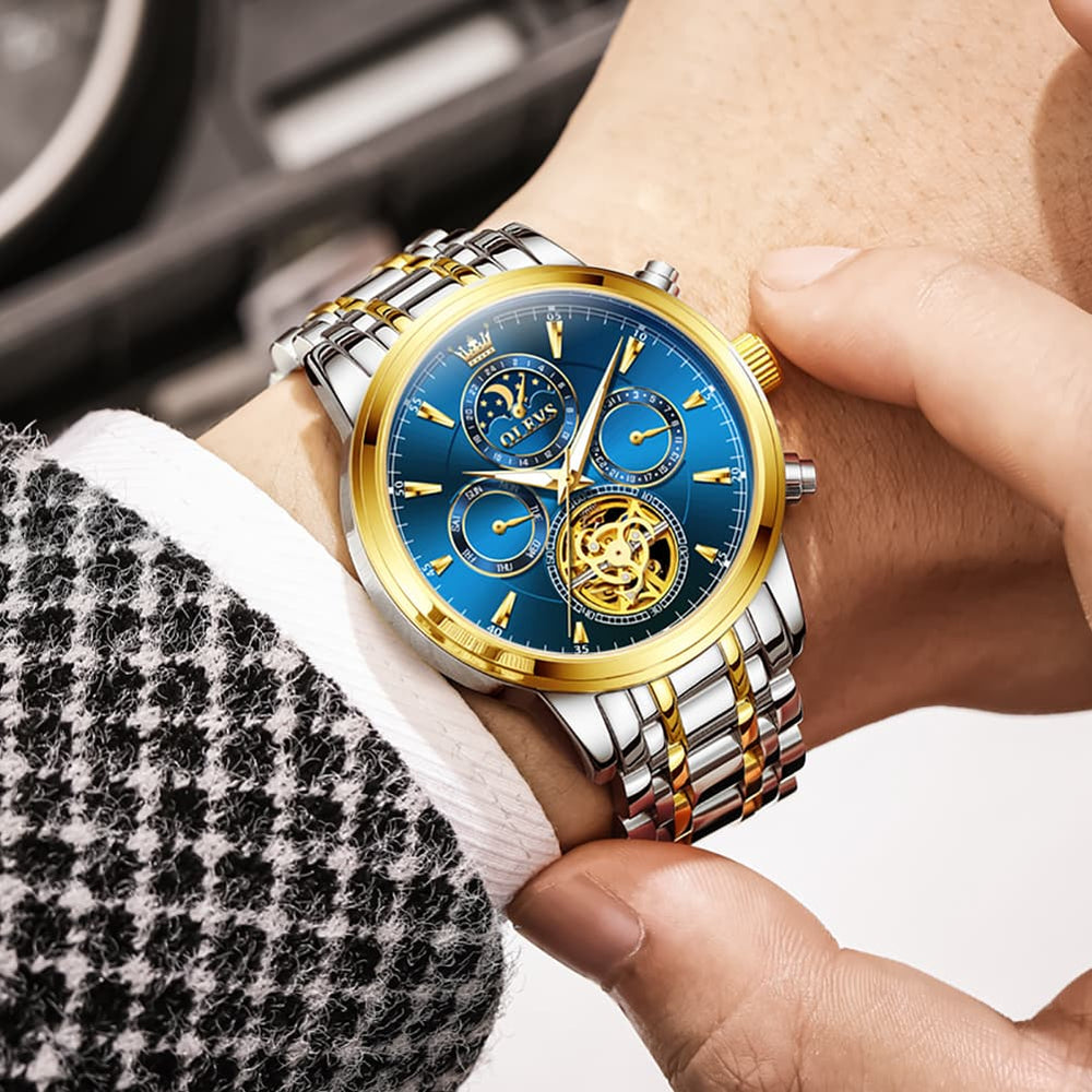 OLEVS 6746 Multi-Function Skeleton Mechanical Watch for Men - Silver White Watch | Olevs Watch Store