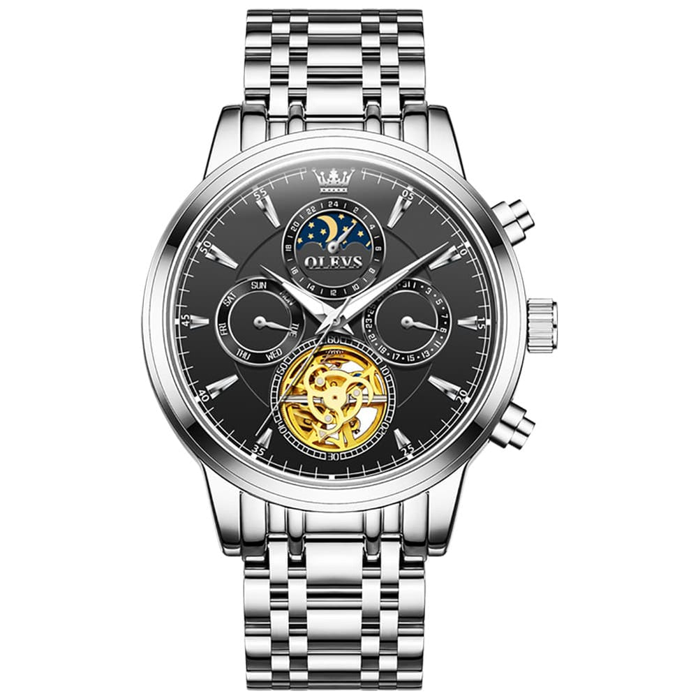 OLEVS 6746 Multi-Function Skeleton Mechanical Watch for Men - Silver White Watch | Olevs Watch Store