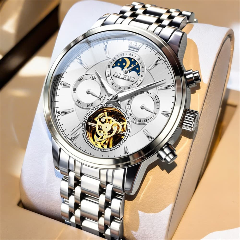 OLEVS 6746 Multi-Function Skeleton Mechanical Watch for Men - Silver White Watch | Olevs Watch Store