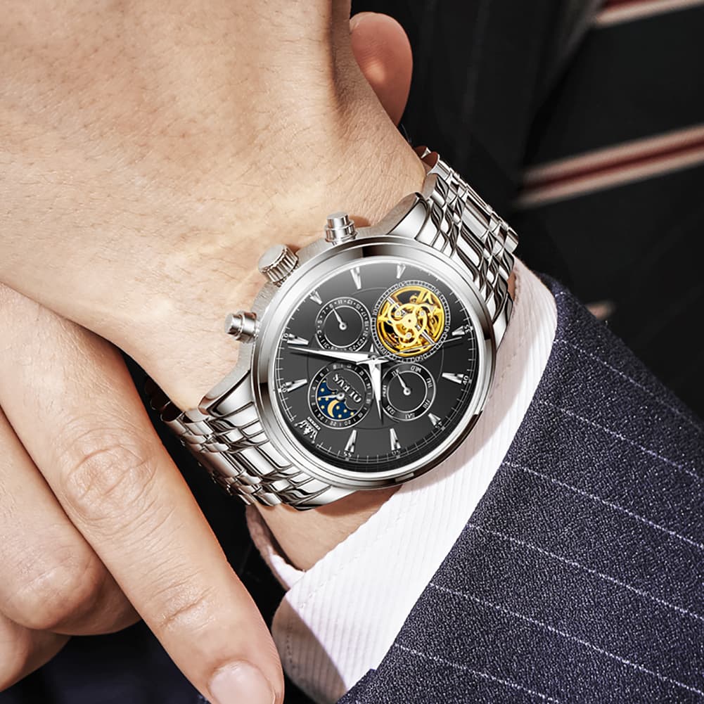 OLEVS 6746 Multi-Function Skeleton Mechanical Watch for Men - Silver White Watch | Olevs Watch Store