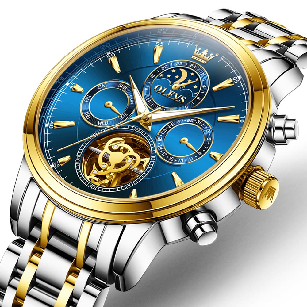 OLEVS 6746 Multi-Function Skeleton Mechanical Watch for Men - Two Tone Blue Watch | Olevs Watch Store