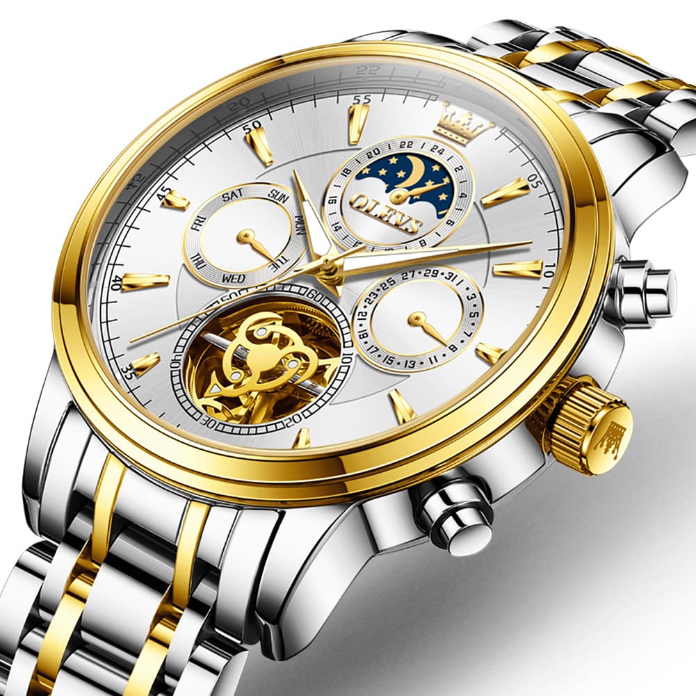 OLEVS 6746 Multi-Function Skeleton Mechanical Watch for Men - Two Tone White Watch | Olevs Watch Store