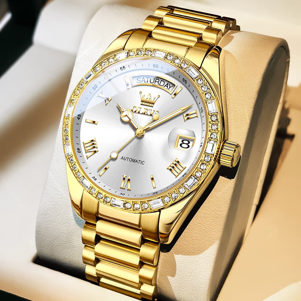 OLEVS 6747 Diamond Bezel Day Date Mechanical Watch for Men - All Gold Watch | Olevs Watch Store