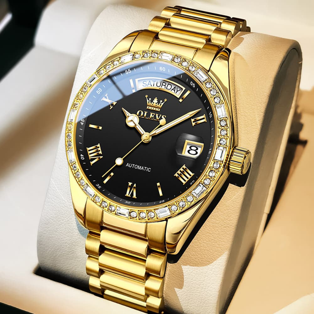 OLEVS 6747 Diamond Bezel Day Date Mechanical Watch for Men - All Gold Watch | Olevs Watch Store