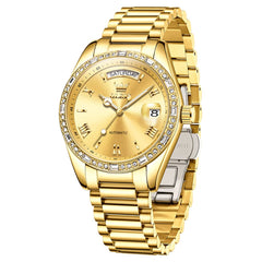 OLEVS 6747 Diamond Bezel Day Date Mechanical Watch for Men - All Gold Watch | Olevs Watch Store