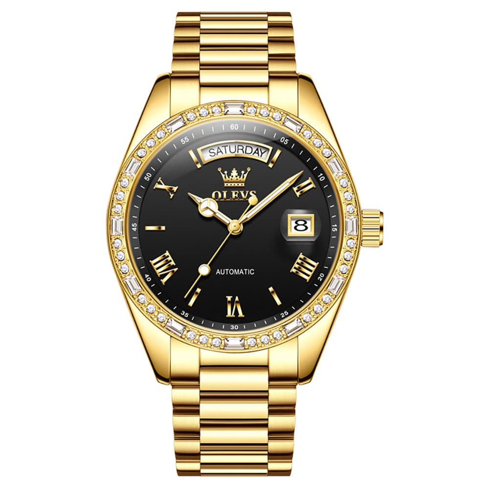 OLEVS 6747 Diamond Bezel Day Date Mechanical Watch for Men - All Gold Watch | Olevs Watch Store