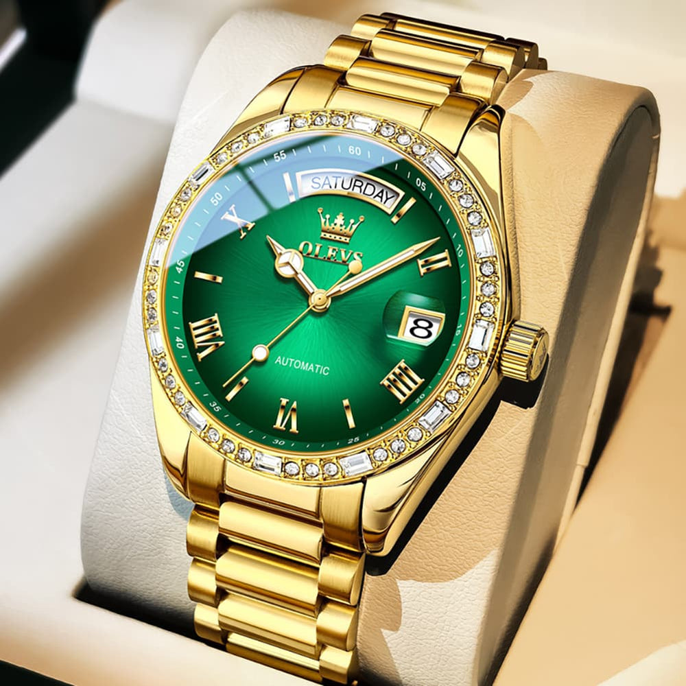OLEVS 6747 Diamond Bezel Day Date Mechanical Watch for Men - All Gold Watch | Olevs Watch Store