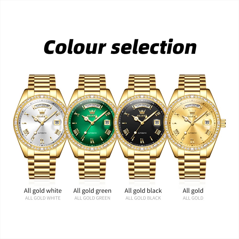 OLEVS 6747 Diamond Bezel Day Date Mechanical Watch for Men - All Gold Watch | Olevs Watch Store