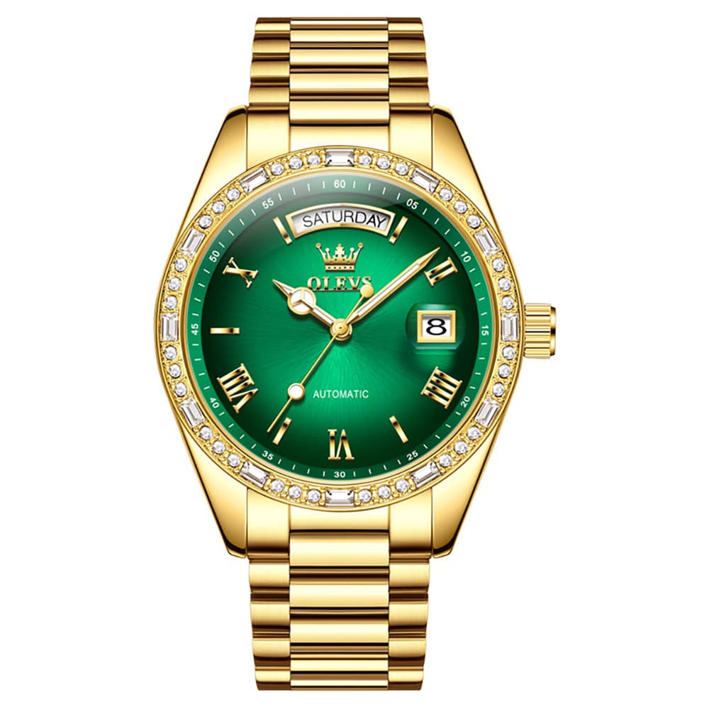 OLEVS 6747 Diamond Bezel Day Date Mechanical Watch for Men - All Gold Watch | Olevs Watch Store