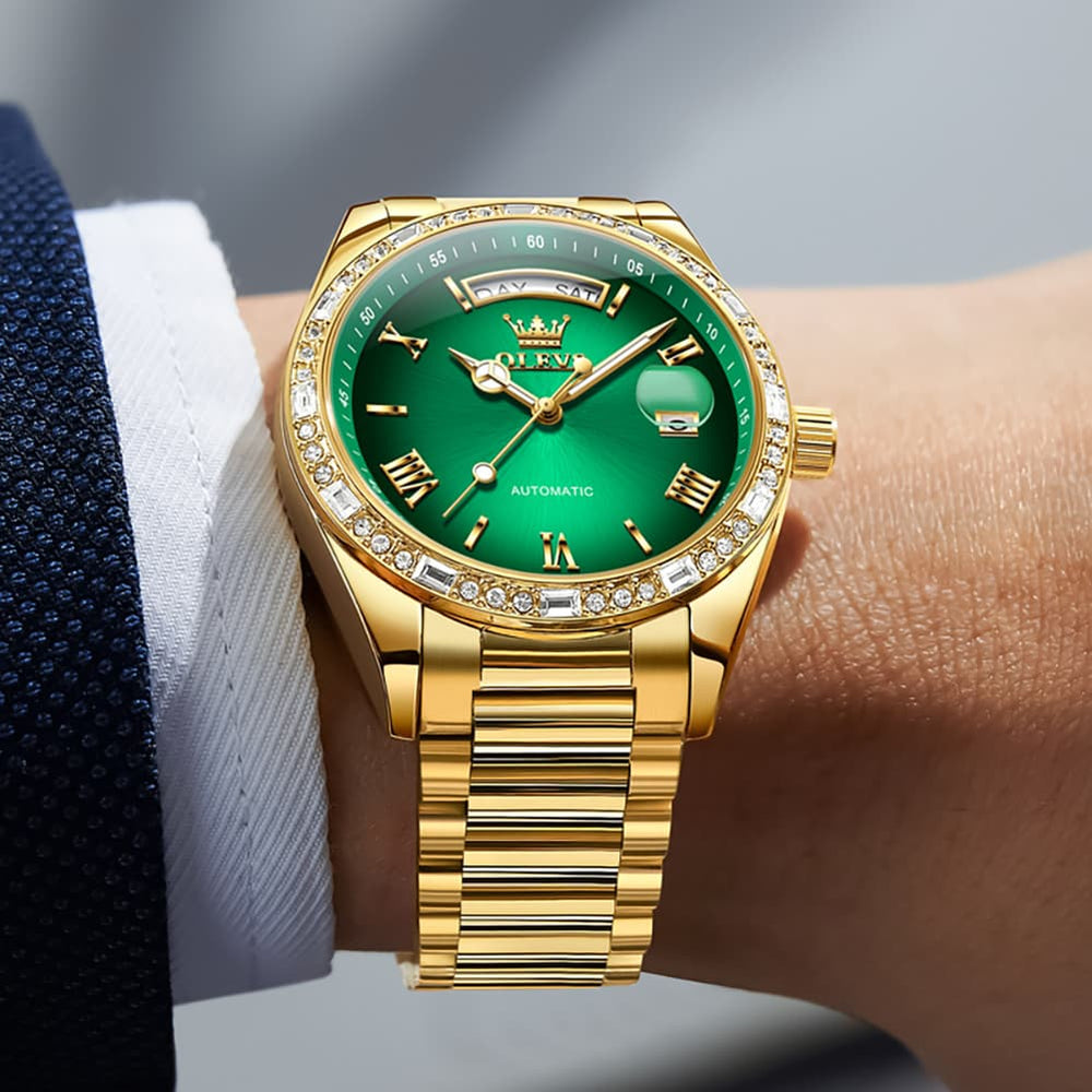 OLEVS 6747 Diamond Bezel Day Date Mechanical Watch for Men - All Gold Watch | Olevs Watch Store