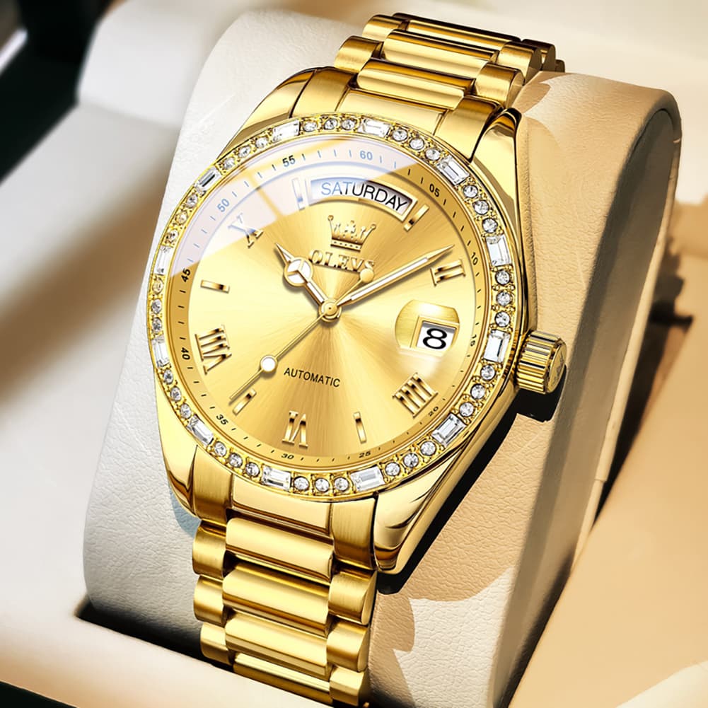OLEVS 6747 Diamond Bezel Day Date Mechanical Watch for Men - All Gold Watch | Olevs Watch Store