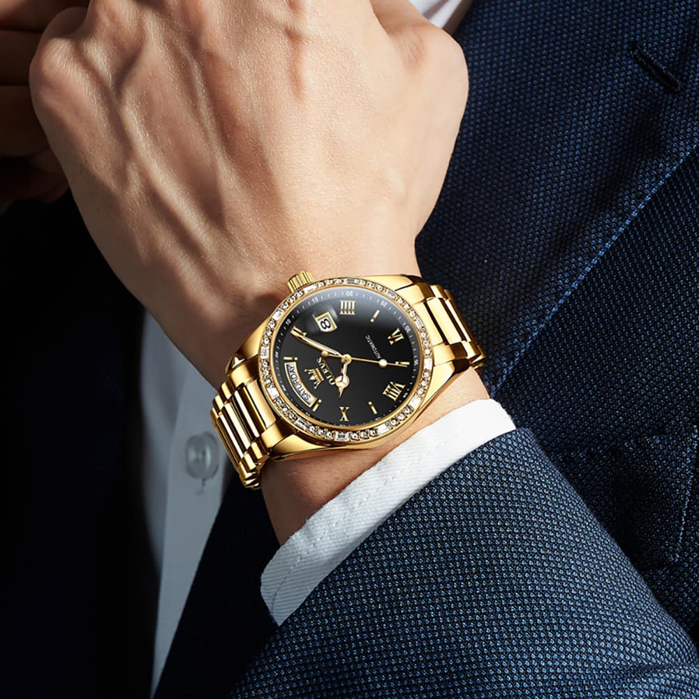 OLEVS 6747 Diamond Bezel Day Date Mechanical Watch for Men - All Gold Watch | Olevs Watch Store