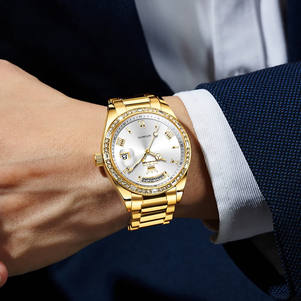 OLEVS 6747 Diamond Bezel Day Date Mechanical Watch for Men - All Gold Watch | Olevs Watch Store