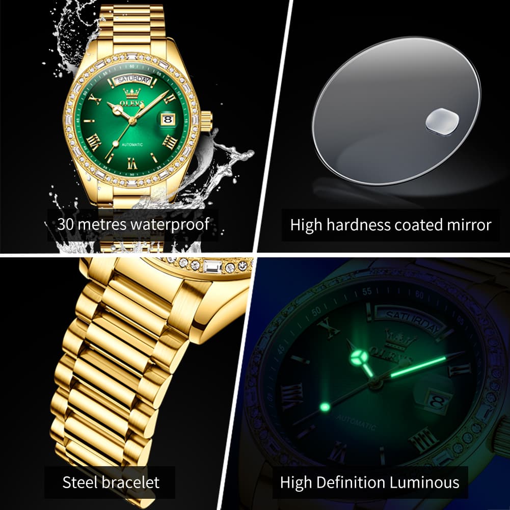 OLEVS 6747 Diamond Bezel Day Date Mechanical Watch for Men - All Gold Watch | Olevs Watch Store