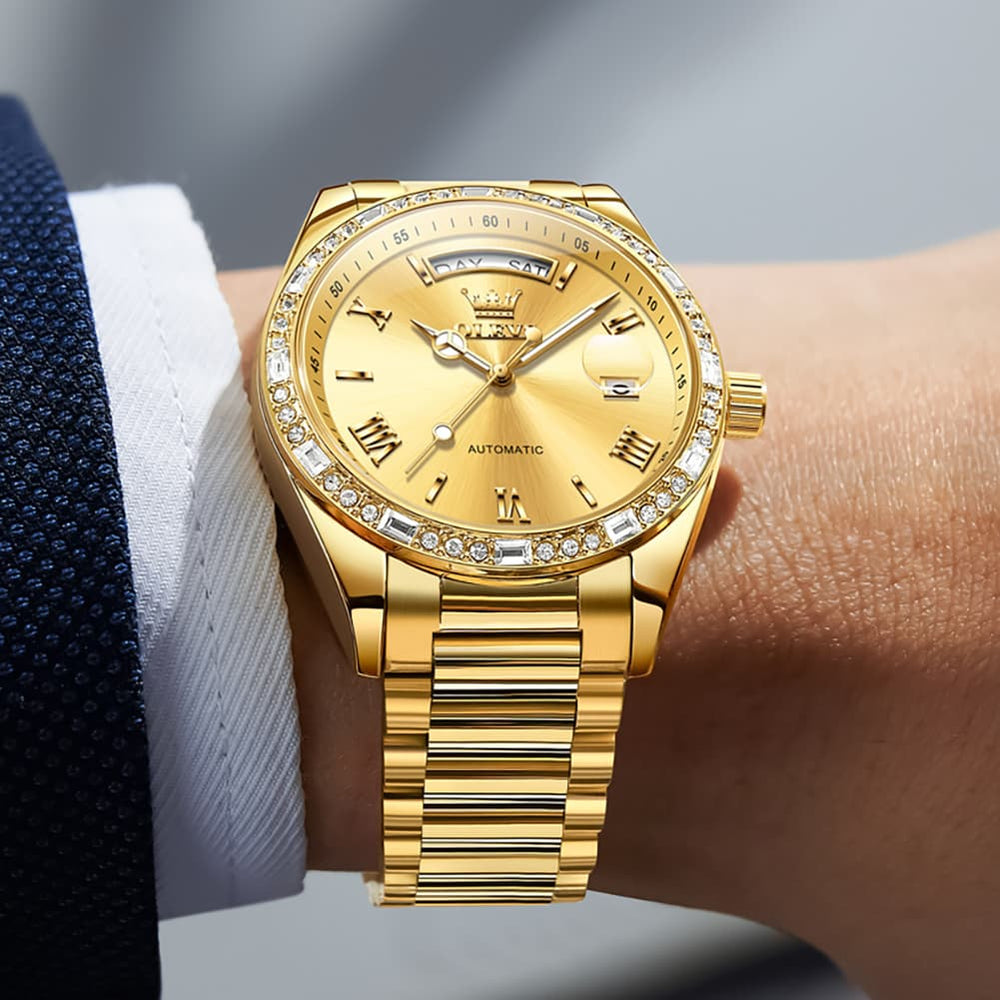 OLEVS 6747 Diamond Bezel Day Date Mechanical Watch for Men - All Gold Watch | Olevs Watch Store