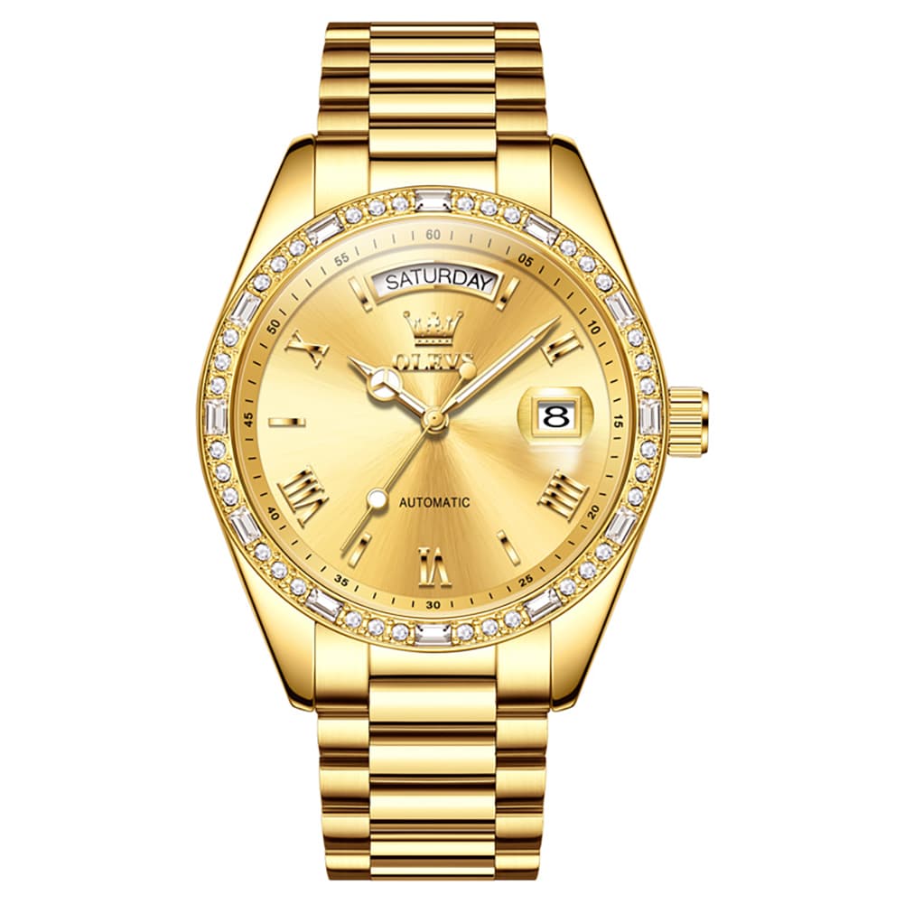 OLEVS 6747 Diamond Bezel Day Date Mechanical Watch for Men - All Gold Watch | Olevs Watch Store