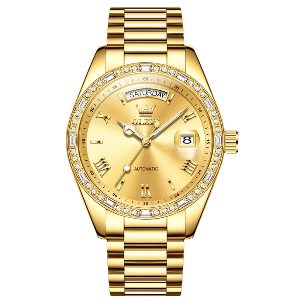OLEVS 6747 Diamond Bezel Day Date Mechanical Watch for Men - All Gold Watch | Olevs Watch Store