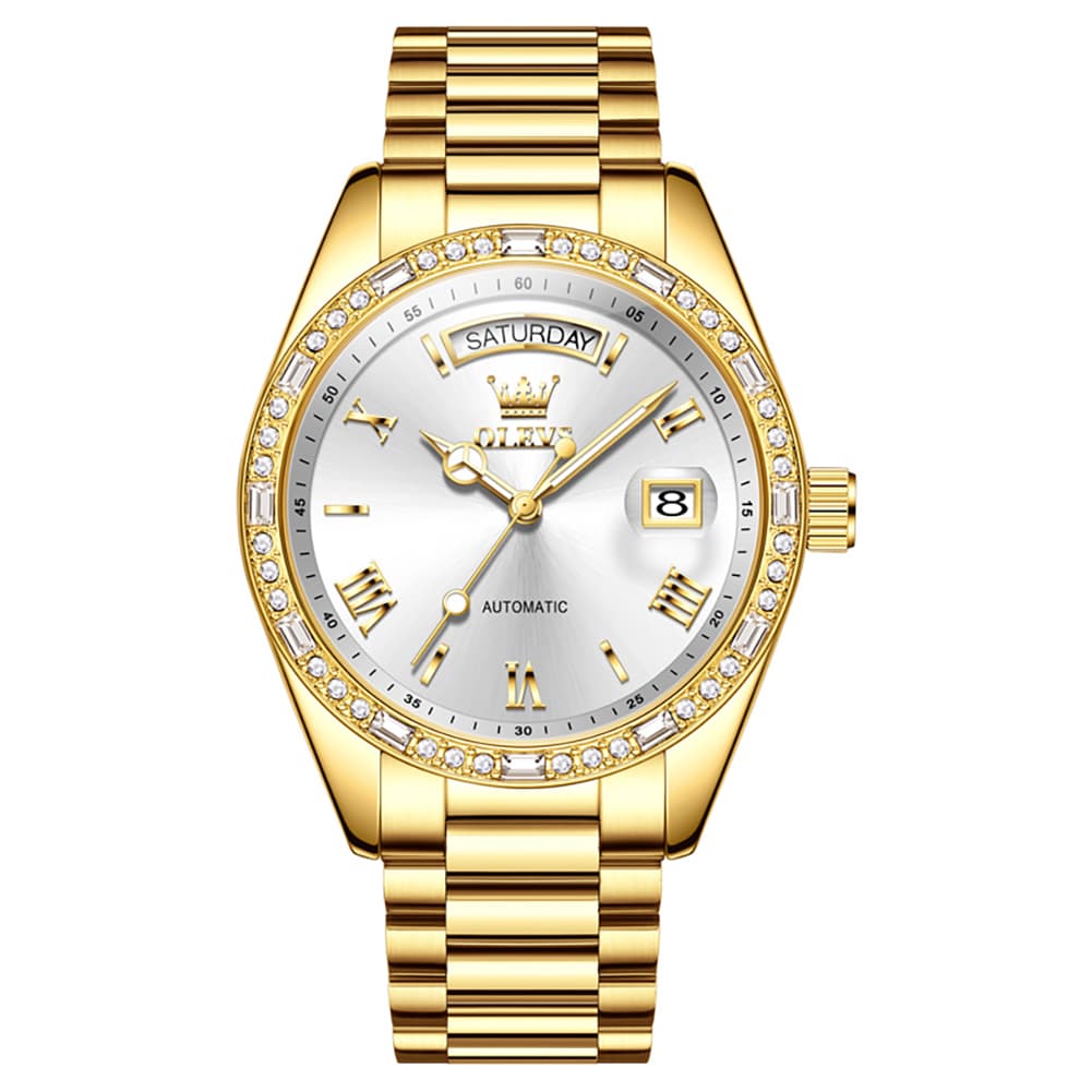 OLEVS 6747 Diamond Bezel Day Date Mechanical Watch for Men - All Gold Watch | Olevs Watch Store