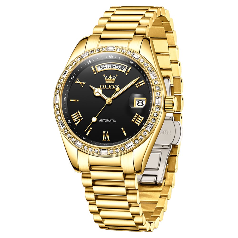 OLEVS 6747 Diamond Bezel Day Date Mechanical Watch for Men - All Gold Black Watch | Olevs Watch Store