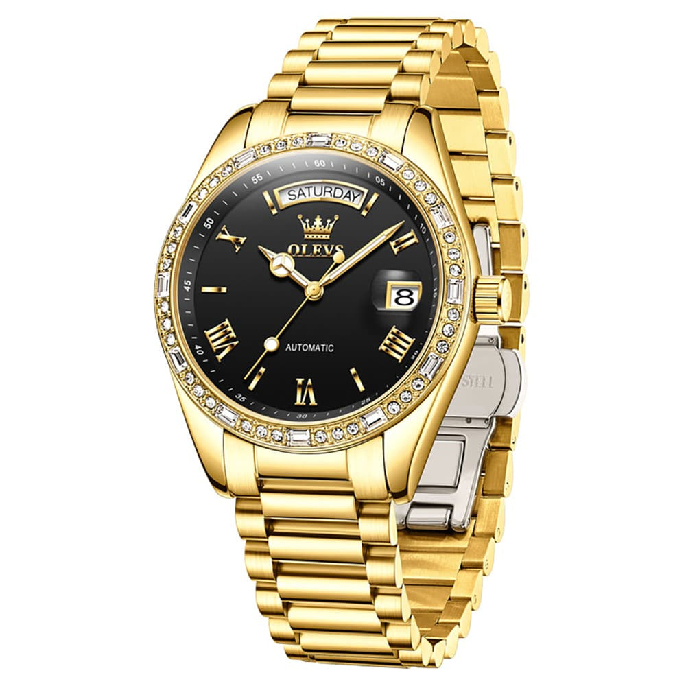 OLEVS 6747 Diamond Bezel Day Date Mechanical Watch for Men - All Gold Black Watch | Olevs Watch Store
