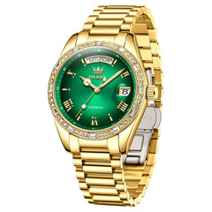 OLEVS 6747 Diamond Bezel Day Date Mechanical Watch for Men - All Gold Green Watch | Olevs Watch Store