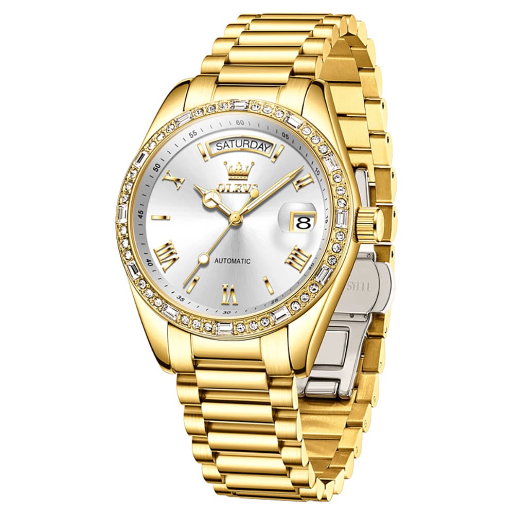 OLEVS 6747 Diamond Bezel Day Date Mechanical Watch for Men - All Gold White Watch | Olevs Watch Store