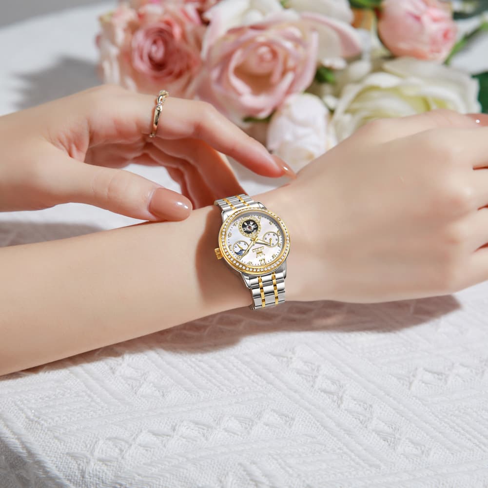 OLEVS 6750 Diamond Bezel Skeleton Mechanical Watch for Women - All Gold Watch | Olevs Watch Store