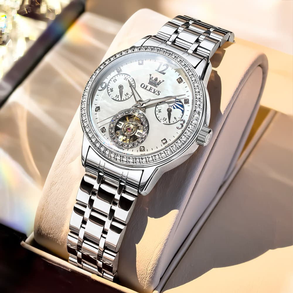 OLEVS 6750 Diamond Bezel Skeleton Mechanical Watch for Women - All Gold Watch | Olevs Watch Store