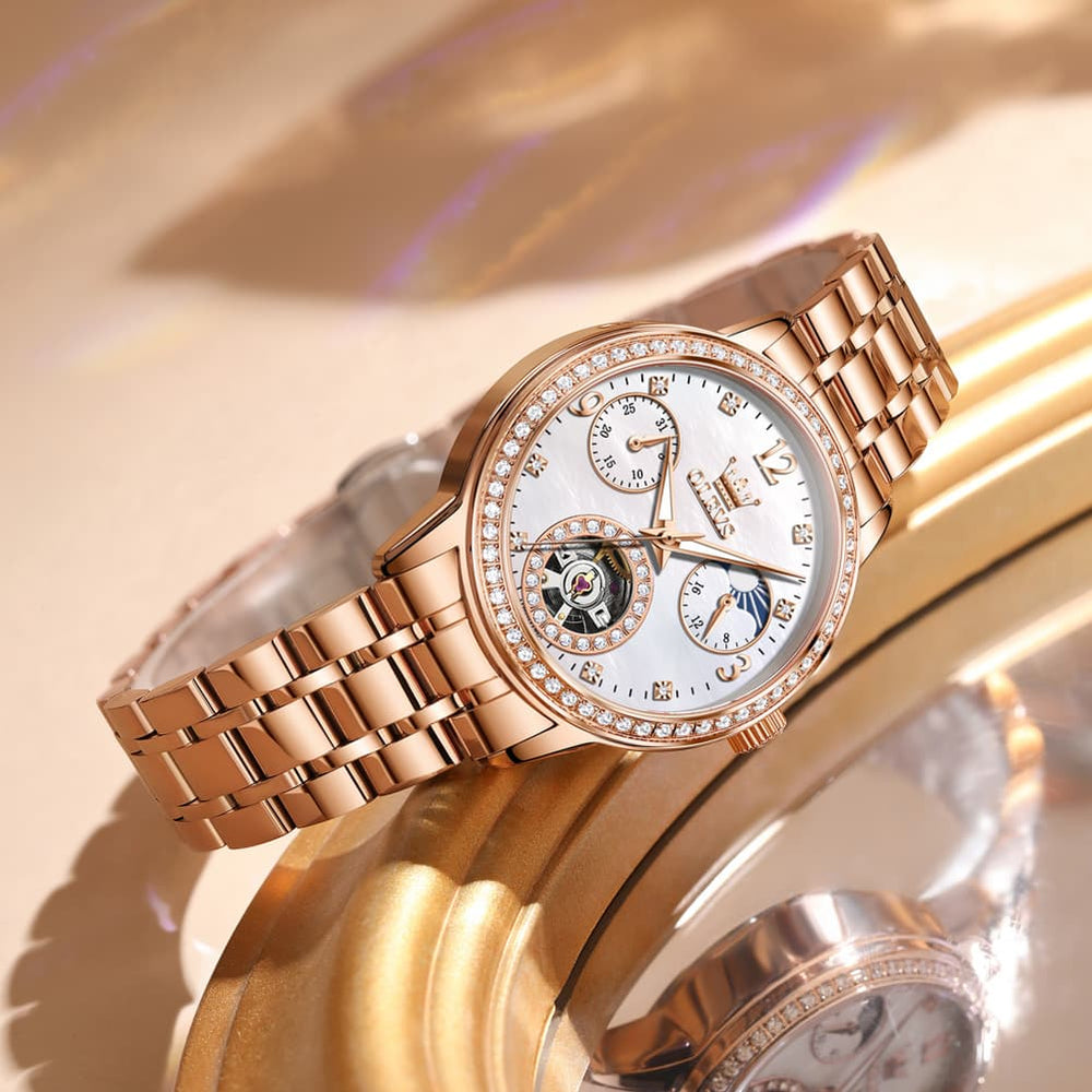 OLEVS 6750 Diamond Bezel Skeleton Mechanical Watch for Women - All Gold Watch | Olevs Watch Store