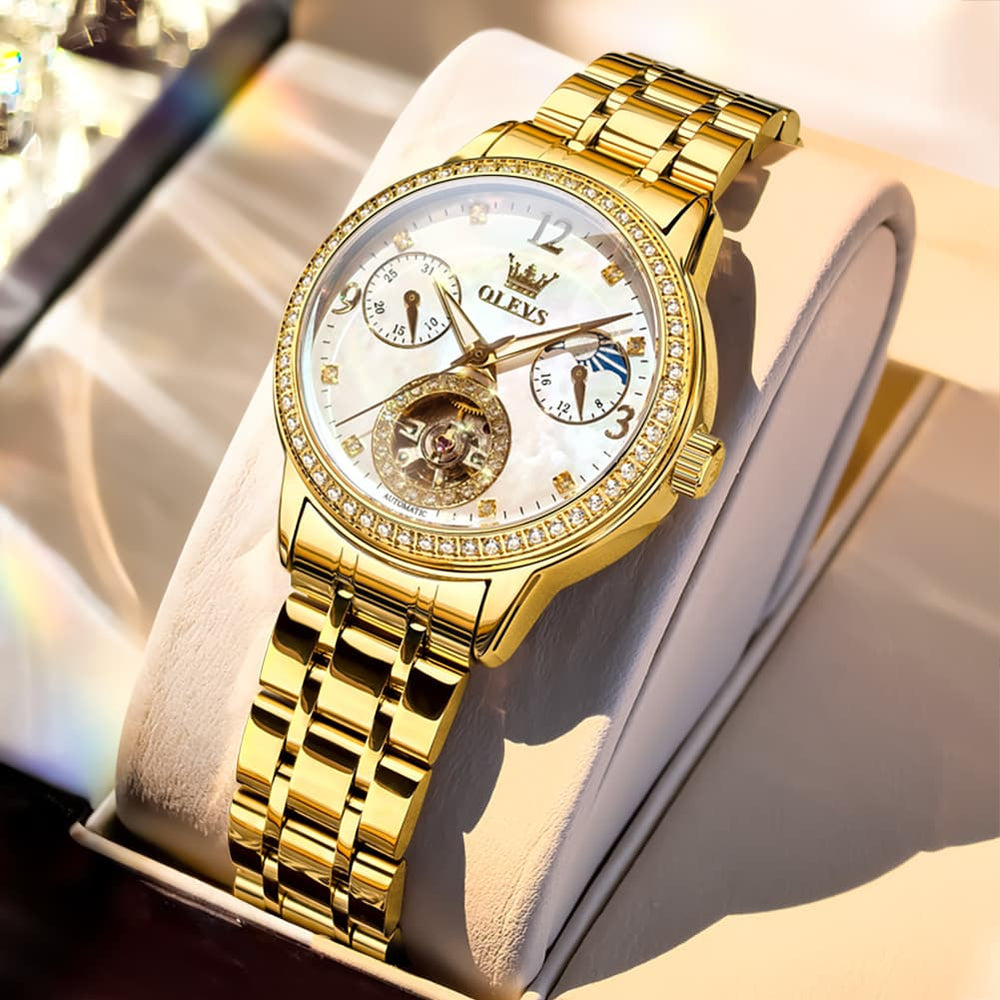 OLEVS 6750 Diamond Bezel Skeleton Mechanical Watch for Women - All Gold Watch | Olevs Watch Store