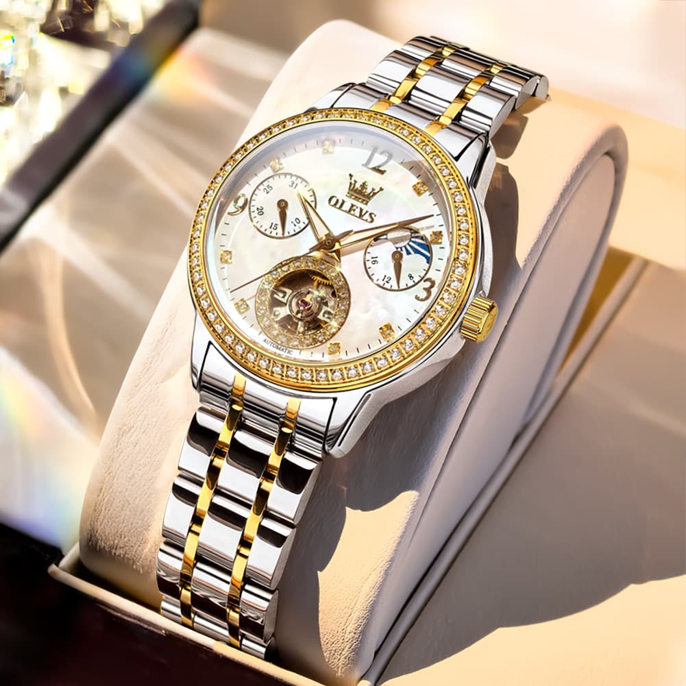 OLEVS 6750 Diamond Bezel Skeleton Mechanical Watch for Women - All Gold Watch | Olevs Watch Store